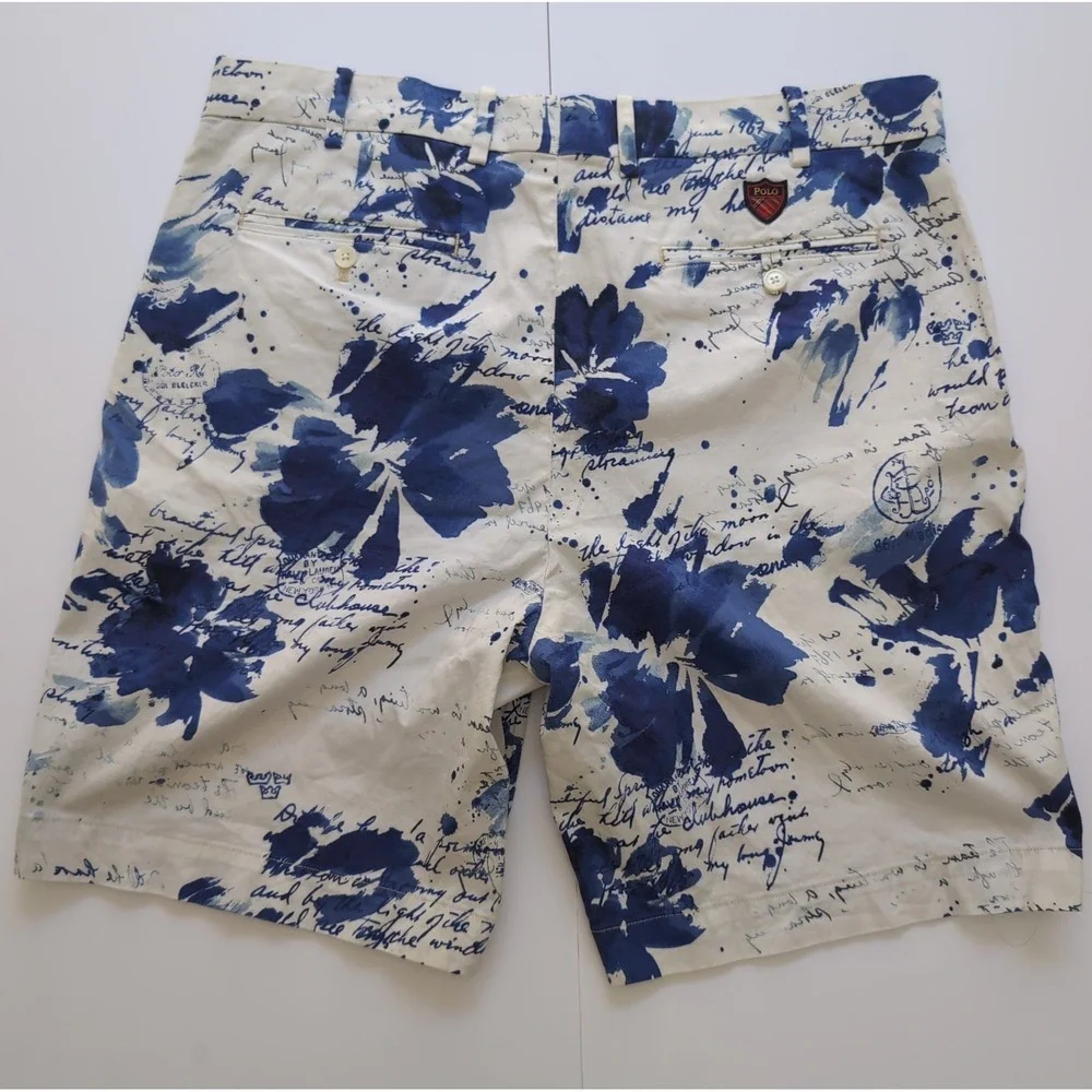 Polo Ralph Lauren Golf Shorts Mens 36 Magnolia Lane Blue Script Floral Luxury